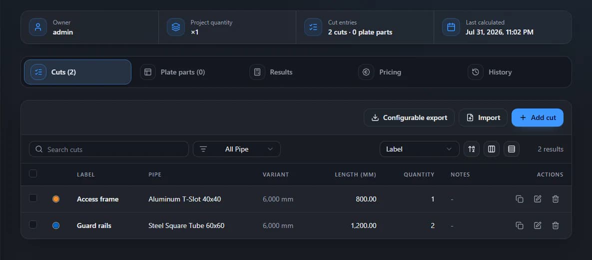 Perfect Cut project screen showing material, part lengths, quantities, calculation, import, export, pricing, and history controls